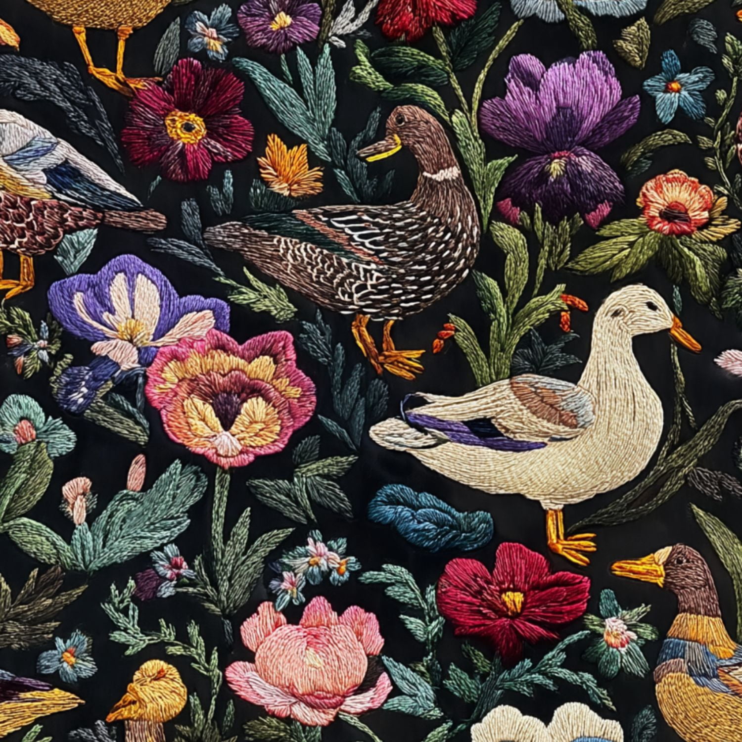 Peel and Stick Wallpaper Colorful Floral Embroidery Ducks Birds Black Wall Mural 23.6in x 9.8ft Self Adhesive Removable Wall Paper Renter Friendly Wallpaper for Nursery Bedroom Cabinets