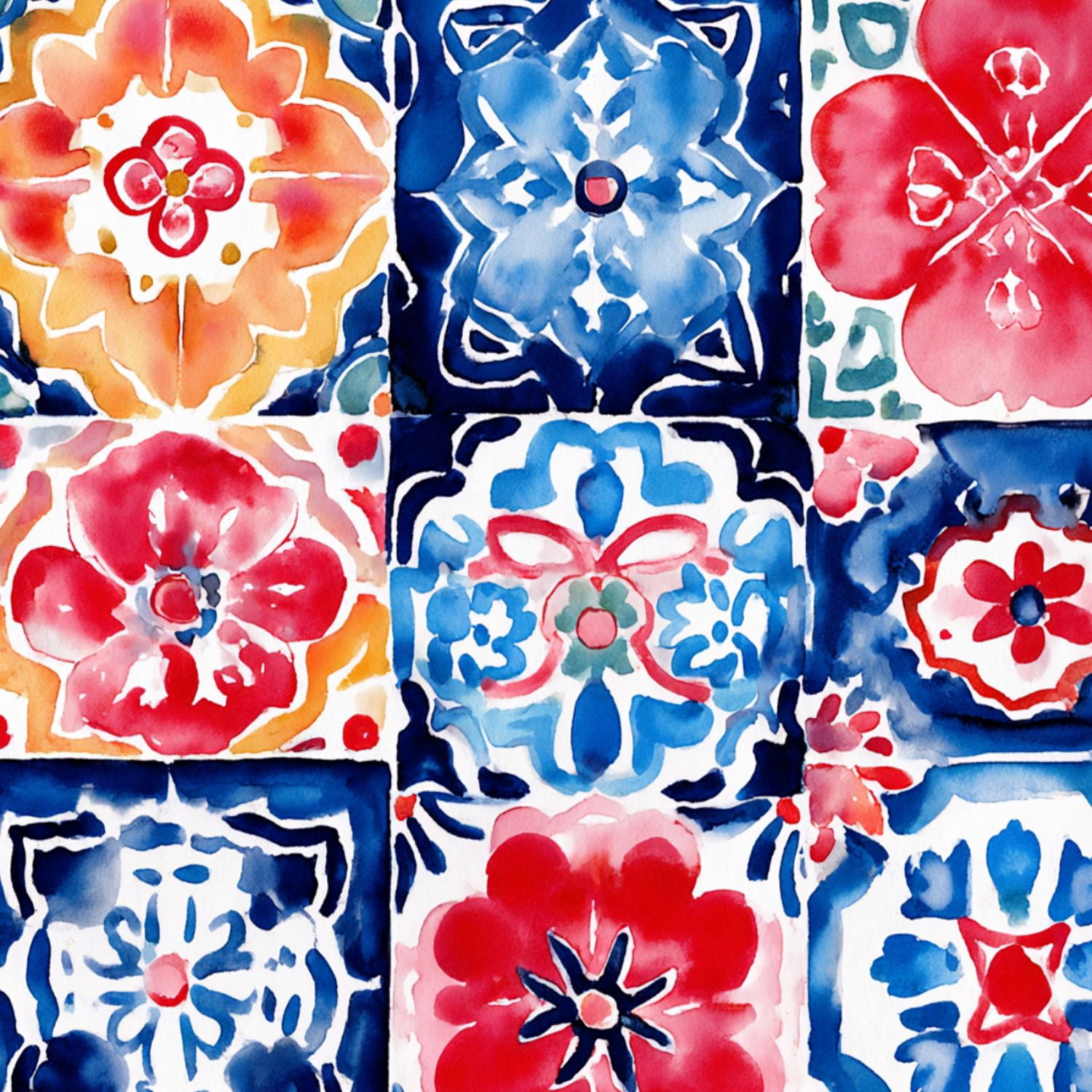 Peel and Stick Wallpaper Colorful Floral Tile Red Blue Yellow Watercolor Style Wall Mural 23.6in x 9.8ft Self Adhesive Removable Wall Paper Renter Friendly Wallpaper for Bedroom