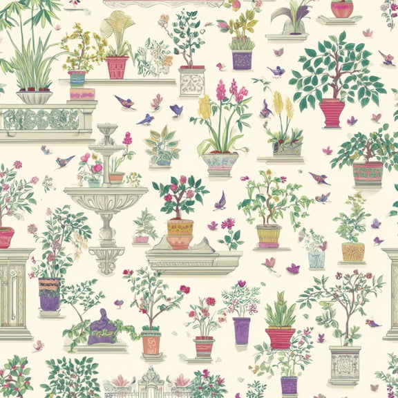 Peel and Stick Wallpaper Colorful Garden Flowers Fountain Decorative Plants Playful Style 17.7in x 118in Contact Paper Removable Self Adhesive Wall Mural Wall Decor for Bedroom Kitchen Cabinets