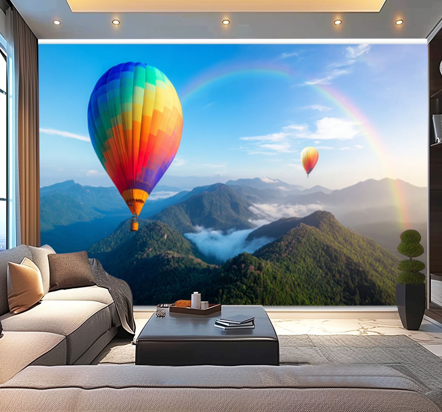 Peel and Stick Wallpaper Colorful Hot Air Balloons Floating Green Mountains Rainbow Blue Sky Modern Art Wall Mural Decor Self Adhesive and Removable 100in x 144in