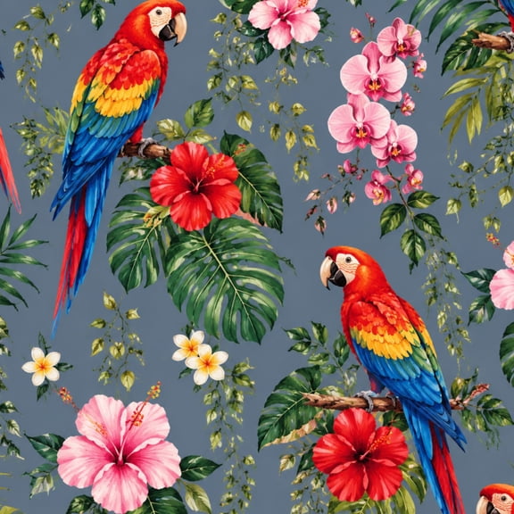 Peel and Stick Wallpaper Colorful Macaws Tropical Hibiscus Floral Seamless Blue Wall Mural 23.6in x 9.8ft Self Adhesive Removable Wallpaper for Nursery Bedroom Cabinets