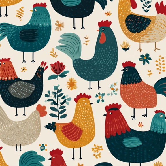 Peel and Stick Wallpaper Colorful Rooster Hen Folk Art Style Light 17.7in x 118in Contact Paper Removable Self Adhesive Wall Mural Wall Decor for Bedroom Kitchen Cabinets
