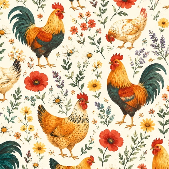 Peel and Stick Wallpaper Colorful Rooster Surrounded by Vibrant Floral Garden Wall Mural 17.7in x 9.8ft Self Adhesive Removable Wall Paper Renter Friendly Wallpaper for Nursery Bedroom Cabinets