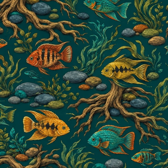 Peel and Stick Wallpaper Colorful Tropical Fish Aquatic Plants Rocks Dark Wall Mural 17.7in x 9.8ft Self Adhesive Removable Wall Paper Renter Friendly Wallpaper for Bedroom Lake House Decor