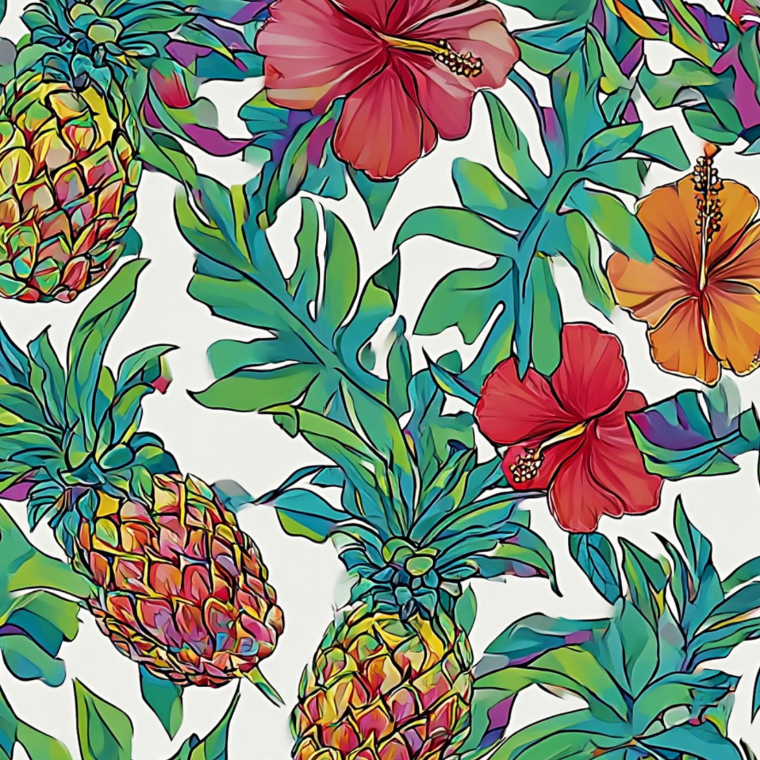 Peel and Stick Wallpaper Colorful Tropical Pineapple Hibiscus Floral Wall Mural 23.6in x 9.8ft Self Adhesive Removable Wall Paper Renter Friendly Wallpaper for Nursery Bedroom Cabinets