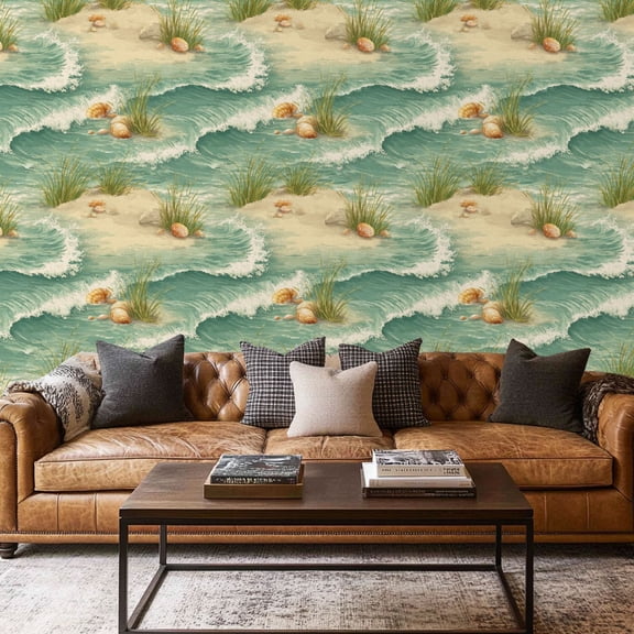 Peel and Stick Wallpaper Contact Paper Beach Retro Beach Landscape Ocean Waves Coastal Theme Waves Seashells Self Adhesive and Removable 17.7in x 118in