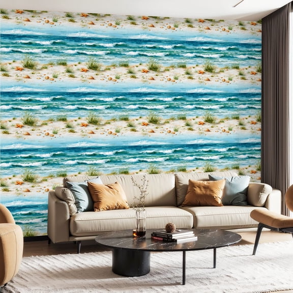 Peel and Stick Wallpaper Contact Paper Beach Retro Beach Landscape Ocean Waves Coastal Theme Waves Seashells Self Adhesive and Removable 23.6in x 118in