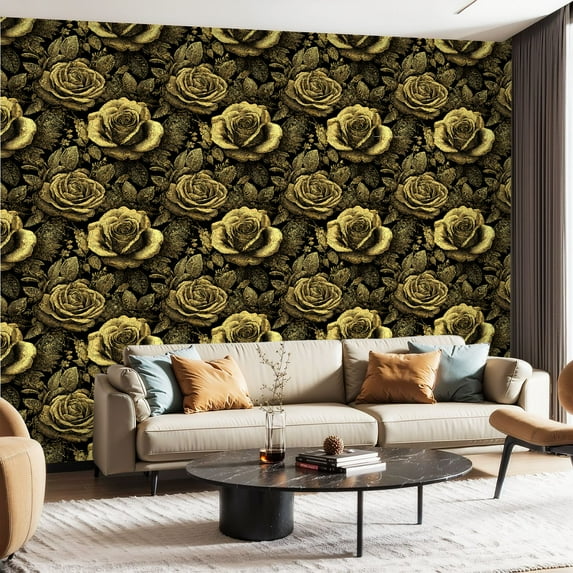 Peel and Stick Wallpaper Contact Paper Black Gold Floral Flower Moody Self Adhesive Removable Waterproof Dark Self Adhesive and Removable 23.6in x 118in