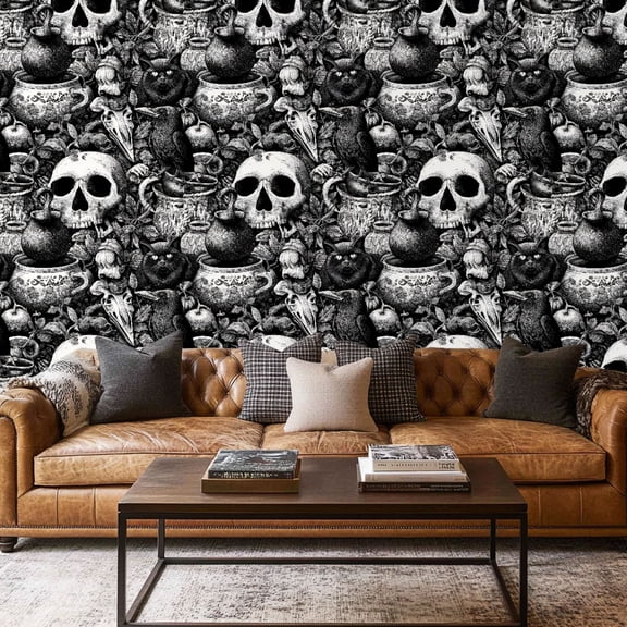 Peel and Stick Wallpaper Contact Paper Black Skull Western Gothic Black Crow Raven Cat Halloween Decor Skull Self Adhesive and Removable 17.7in x 118in