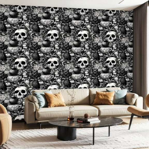 Peel and Stick Wallpaper Contact Paper Black Skull Western Gothic Black Crow Raven Cat Halloween Decor Skull Self Adhesive and Removable 23.6in x 118in
