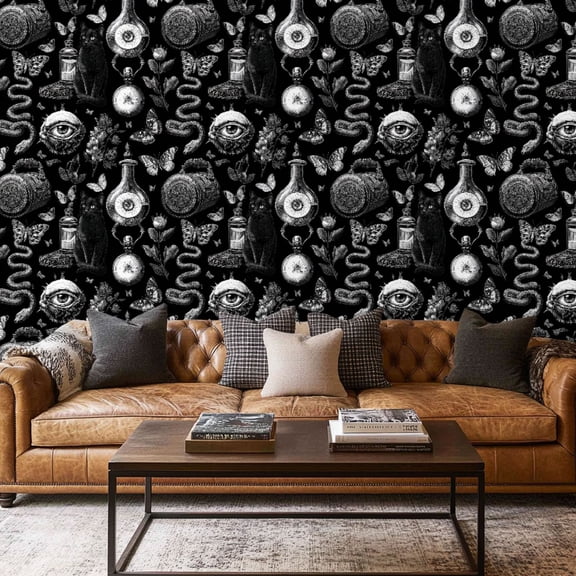 Peel and Stick Wallpaper Contact Paper Black White Goth Gothic Magic Halloween Witch Monochrome Snake Sun Cat Self Adhesive and Removable 17.7in x 118in