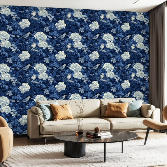 Peel and Stick Wallpaper Contact Paper Blue Cream White Floral Vintage Birds Blue Flowers Decorative Floral Self Adhesive and Removable 23.6in x 118in