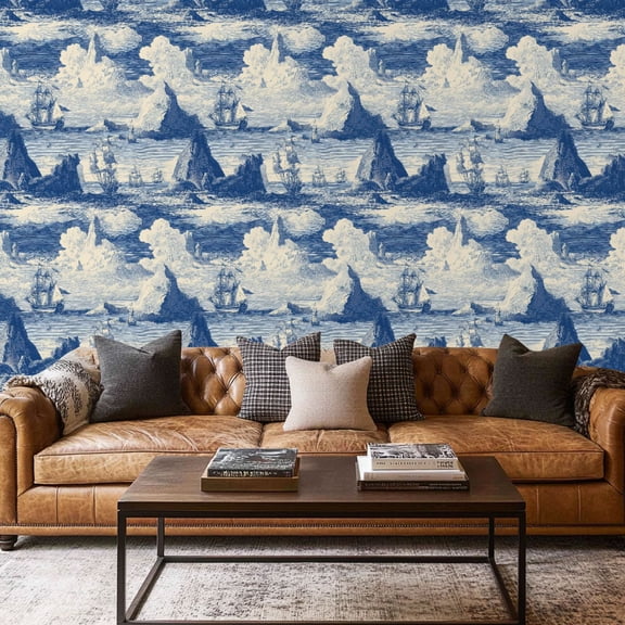Peel and Stick Wallpaper Contact Paper Blue Nautical Ocean Beach French Toile Light Blue White Sailing Ships Self Adhesive and Removable 17.7in x 118in