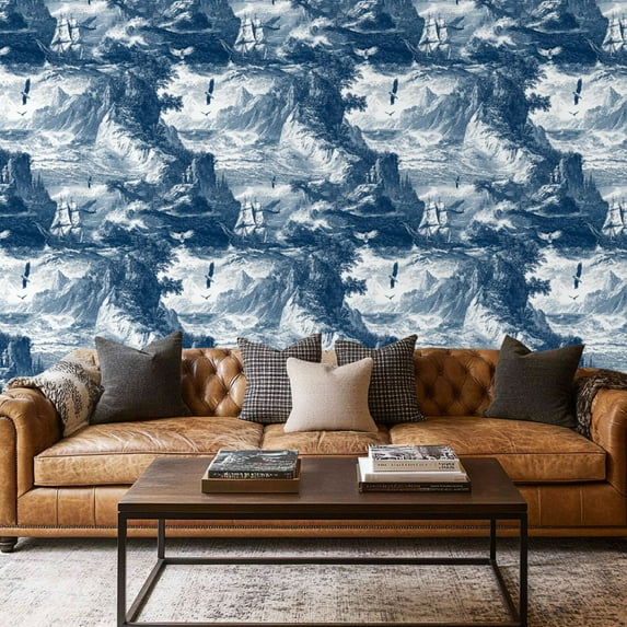 Peel and Stick Wallpaper Contact Paper Blue Nautical Ocean Beach French Toile Light Blue White Sailing Ships Self Adhesive and Removable 17.7in x 118in