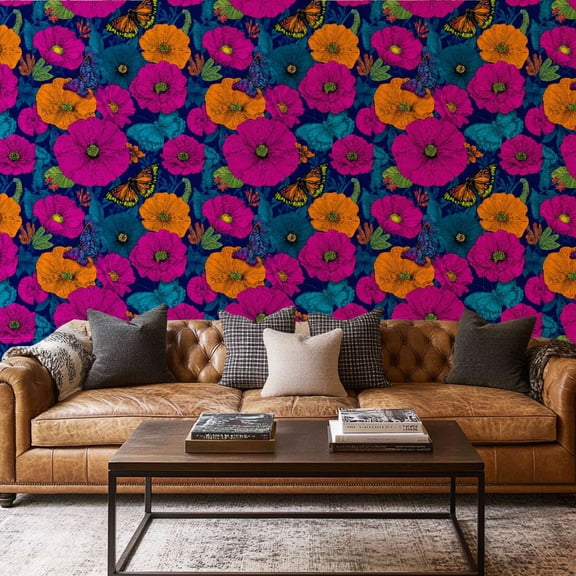 Peel and Stick Wallpaper Contact Paper Boho Floral Navy Pink Orange Large Flowers Butterflies Leaves Petals Self Adhesive and Removable 17.7in x 118in