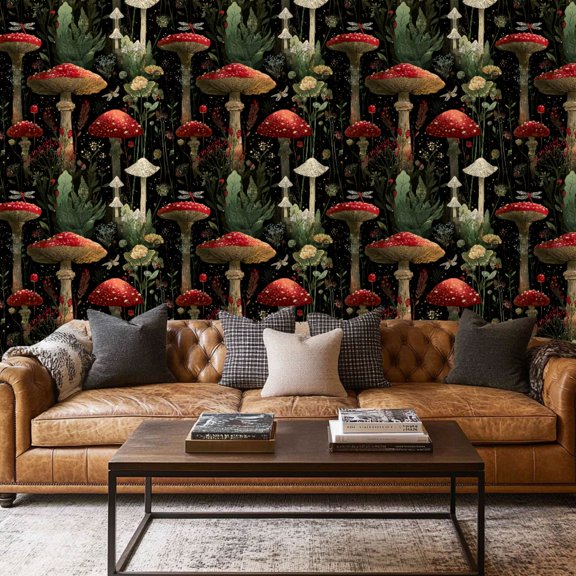 Peel and Stick Wallpaper Contact Paper Boho Mushroom Forest Black Brown Green Mushrooms Red White Dots Tall Self Adhesive and Removable 17.7in x 118in