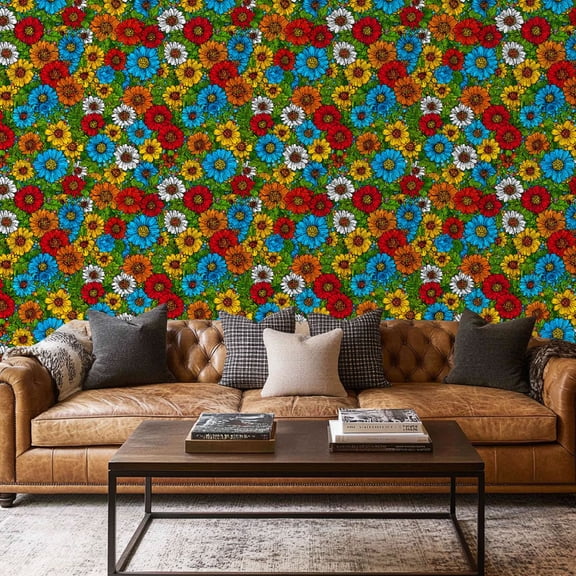 Peel and Stick Wallpaper Contact Paper Floral Daisy Modern Red Yellow Blue Daisies Red Flowers Yellow Flowers Self Adhesive and Removable 17.7in x 118in