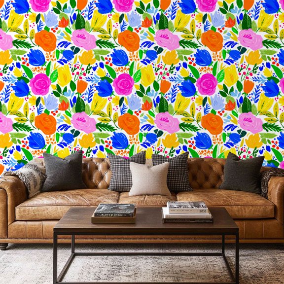 Peel and Stick Wallpaper Contact Paper Floral White Orange Green Orange Roses Pink Roses Yellow Tulips Blue Self Adhesive and Removable 17.7in x 118in