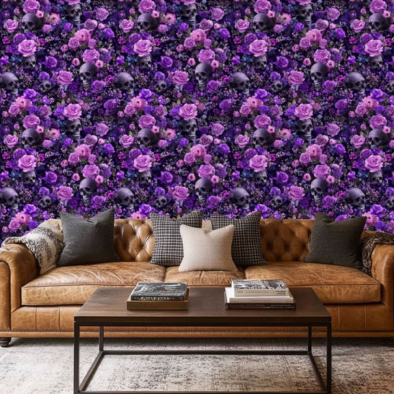 Peel and Stick Wallpaper Contact Paper Gothic Dark Floral Spooky Black Rose Roses Skull Purple Black Floral Self Adhesive and Removable 17.7in x 118in