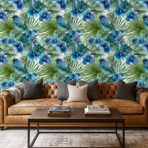 Peel and Stick Wallpaper Contact Paper Handpainted Songbird Green Blue Birds Blue Flowers Green Leaves Palm Self Adhesive and Removable 17.7in x 118in