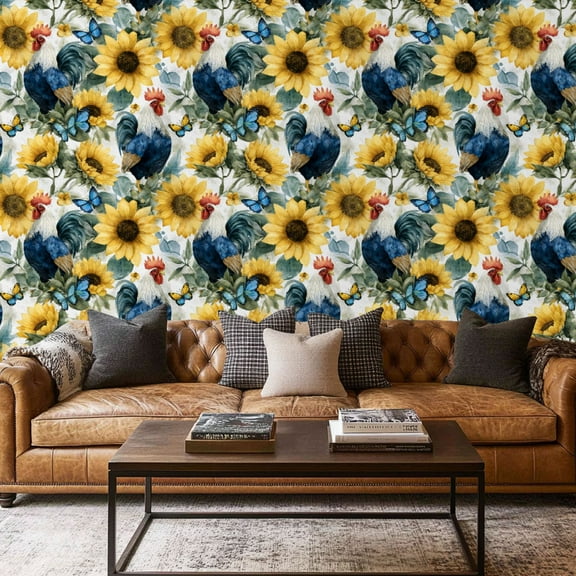 Peel and Stick Wallpaper Contact Paper Rooster Colorful Yellow Green Roosters Sunflowers Butterflies Leaves Self Adhesive and Removable 17.7in x 118in