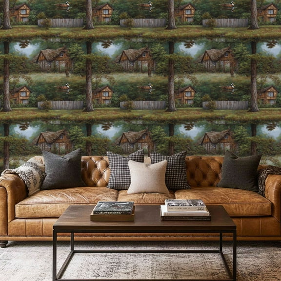 Peel and Stick Wallpaper Contact Paper Vintage Forest Retro Tree Village Boho House Duck Stream Trees Fence Self Adhesive and Removable 17.7in x 118in