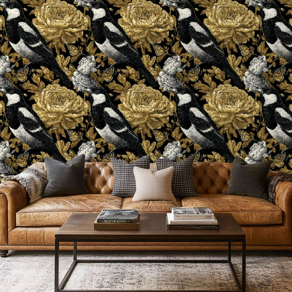 Peel and Stick Wallpaper Contact Paper Vintage Gold Floral Luxury Peony Decorative Flower Bird Peony Flowers Self Adhesive and Removable 17.7in x 118in