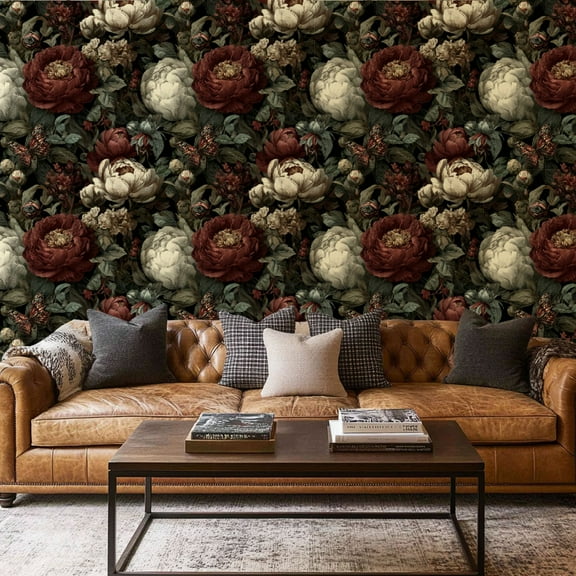 Peel and Stick Wallpaper Contact Paper Vintage Rose Dark Floral Artistic Gothic Style Peonies Roses Butterfly Self Adhesive and Removable 17.7in x 118in