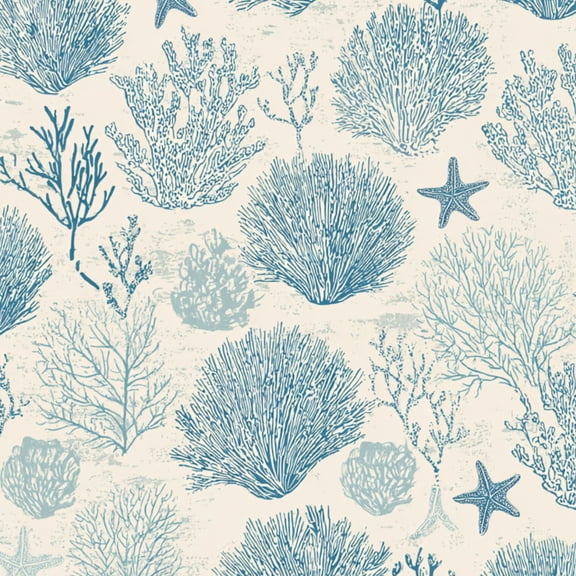 Peel and Stick Wallpaper Coral Seamless Seaweed Starfish Blue Line Art Wall Mural 23.6in x 9.8ft Self Adhesive Removable Wall Paper Renter Friendly Wallpaper for Nursery Bedroom Cabinets