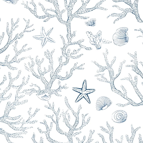 Peel and Stick Wallpaper Coral Starfish Seashell Coastal Blue Line Art Ocean Wall Mural 23.6in x 9.8ft Self Adhesive Removable Wall Paper Renter Friendly Wallpaper for Nursery Bedroom Cabinets