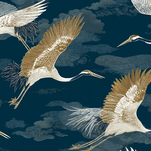 Peel and Stick Wallpaper Cranes Gold White Wings Dark Teal Sky Wildlife Clouds Wall Mural 23.6in x 9.8ft Self Adhesive Removable Wall Paper Renter Friendly Wallpaper for Nursery Bedroom Cabinets
