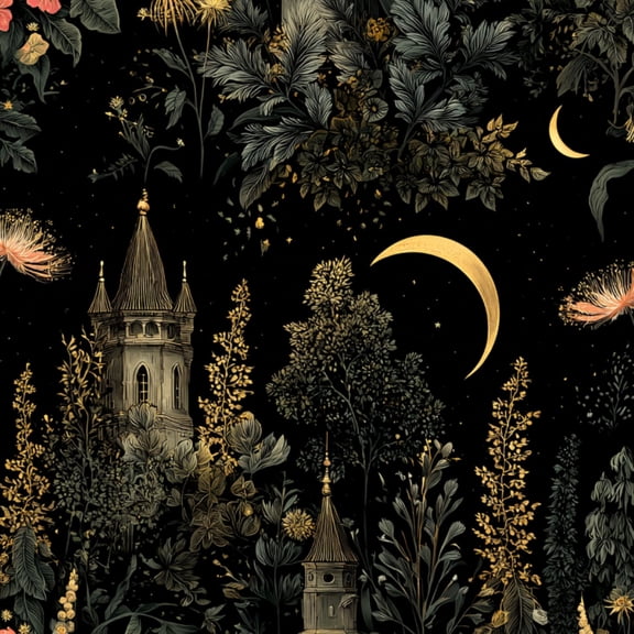 Peel and Stick Wallpaper Crescent Moon Night Garden Ornate Castle Towers Botanical Dark Wall Mural 17.7in x 9.8ft Self Adhesive Removable Wall Paper Renter Friendly Wallpaper for Nursery Bedroom