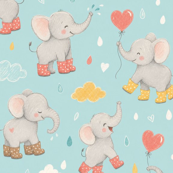 Peel and Stick Wallpaper Cute Elephants Rain Boots Balloons Clouds Blue Wall Mural 17.7in x 9.8ft Self Adhesive Removable Wall Paper for Nursery Bedroom Cabinets