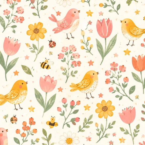 Peel and Stick Wallpaper Cute Floral Bird Pink Yellow Birds Wildflowers Botanical Vinyl Self Adhesive Contact Paper Removable Wall Paper for Bedroom 17.7" x118" Renter Friendly Wall Stickers