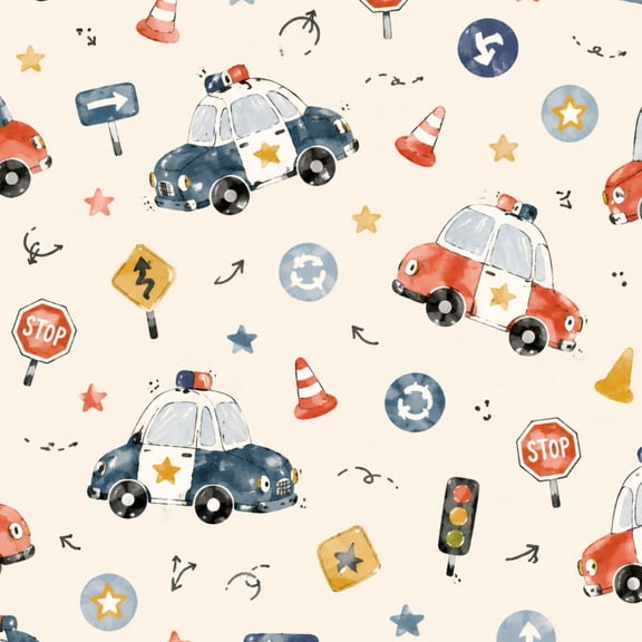 Peel and Stick Wallpaper Cute Police Cars Traffic Signs Seamless Cartoon Style 24in x 118in Contact Paper Removable Self Adhesive Wall Mural Wall Decor for Bedroom Kitchen Cabinets