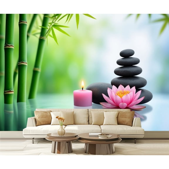 Wall Mural Peel and Stick Spa natural massage stones waterlily Self-Adhesive Wallpaper Removable Wall Decal Wall Sticker Home Decor for Living Room Bedroom 100"x144"