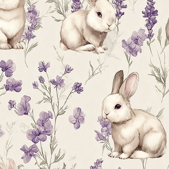 Peel and Stick Wallpaper Cute White Rabbits Lavender Flowers Seamless Watercolor Wall Mural 17.7in x 9.8ft Self Adhesive Removable Wall Paper Renter Friendly Wallpaper for Bedroom