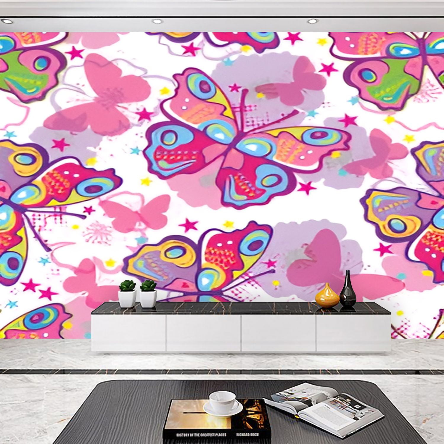 Peel and Stick Wallpaper Cute bright pattern hand drawn butterflies ...