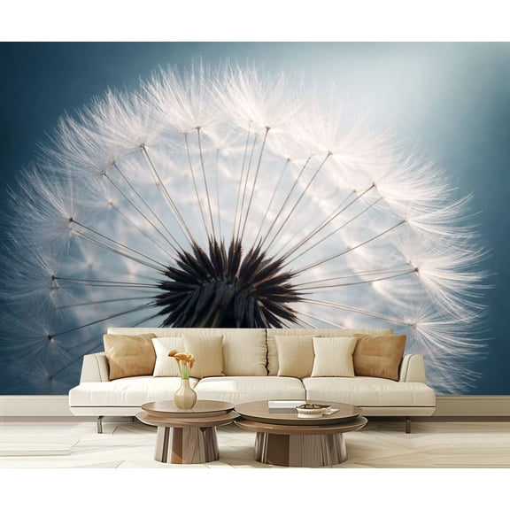 Peel and Stick Wallpaper Dandelion Head Macro Delicate White Fluff Against Soft Blue Modern Art Wall Mural Decor Self Adhesive and Removable 69in x 98in