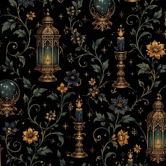 Peel and Stick Wallpaper Dark Botanical Vintage Gold Lanterns Candles Celestial Floral Motifs Wall Mural 17.7in x 9.8ft Self Adhesive Removable Wall Paper Renter Friendly Wallpaper for Dorm