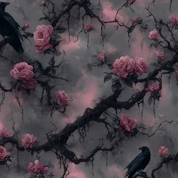 Peel and Stick Wallpaper Dark Floral Branches Roses Ravens Moody Sky Wall Mural 23.6in x 9.8ft Self Adhesive Removable Wall Paper Renter Friendly Wallpaper for Nursery Bedroom Cabinets