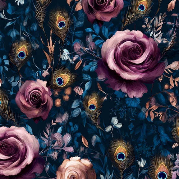 Peel and Stick Wallpaper Dark Floral Roses Peacock Feathers Rich Tones Wall Mural 17.7in x 9.8ft Self Adhesive Removable Wall Paper Renter Friendly Wallpaper for Bedroom Cabinets Decor