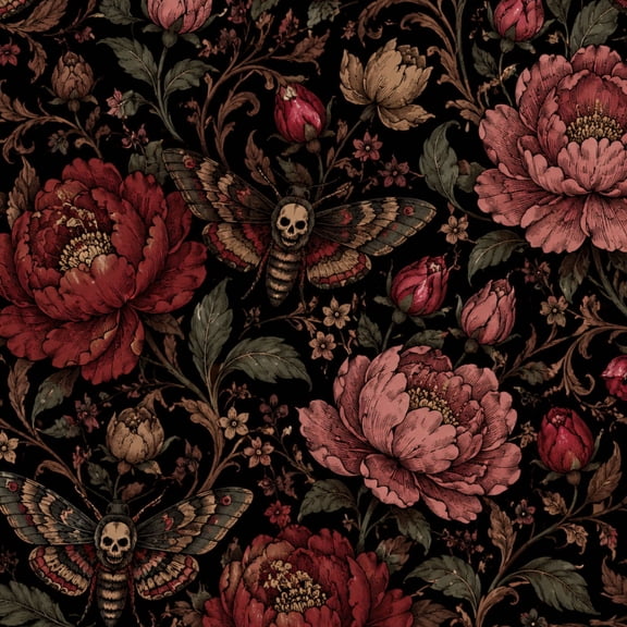 Peel and Stick Wallpaper Dark Gothic Moth Skull Red Flowers Vintage Botanical Wall Mural 23.6in x 9.8ft Self Adhesive Removable Wall Paper Renter Friendly Wallpaper for Nursery Bedroom Cabinets