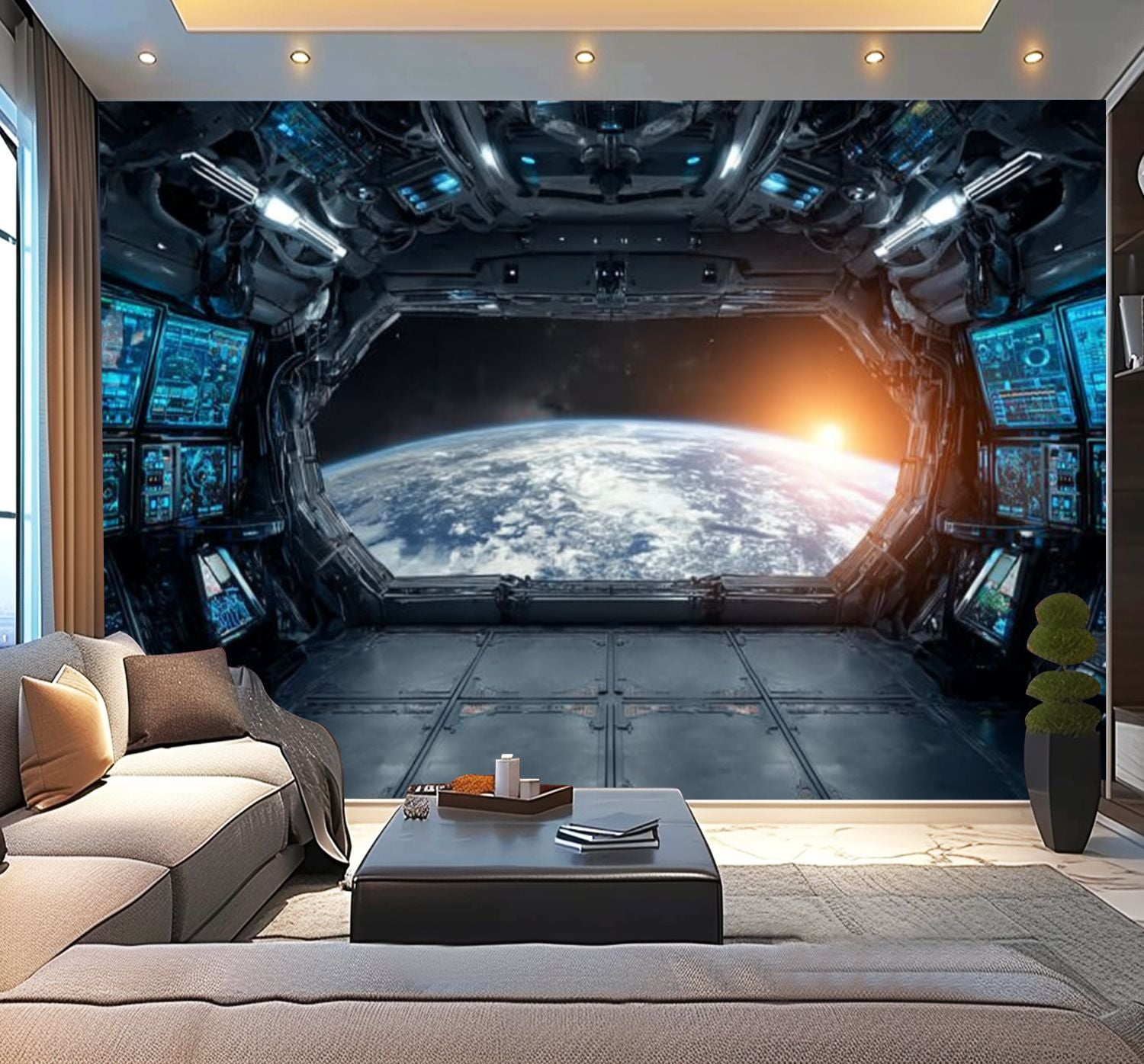 Peel and Stick Wallpaper Dark blue spaceship interior window view 3d rendering elements this Modern Art Wall Mural Decor Self Adhesive and Removable 100in x 144in