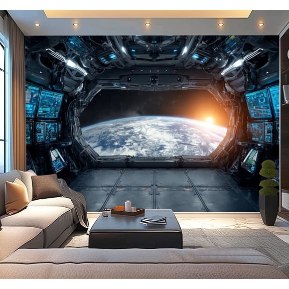 Peel and Stick Wallpaper Dark blue spaceship interior window view 3d rendering elements this Modern Art Wall Mural Decor Self Adhesive and Removable 100in x 144in