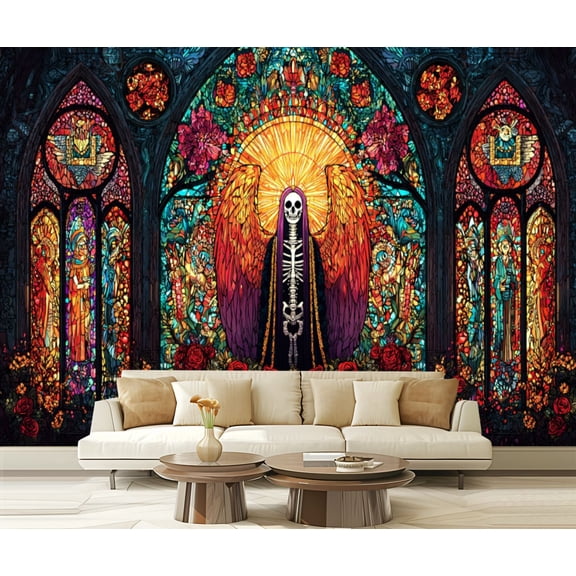 Peel and Stick Wallpaper Day Dead Black Light Reactive Suger Skull Glow Dark Church Skeleton Modern Art Wall Mural Decor Self Adhesive and Removable 69in x 98in