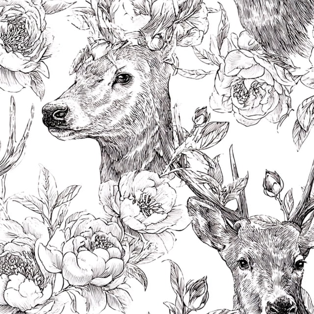Peel and Stick Wallpaper Deer Floral Botanical Black White Woodland ...