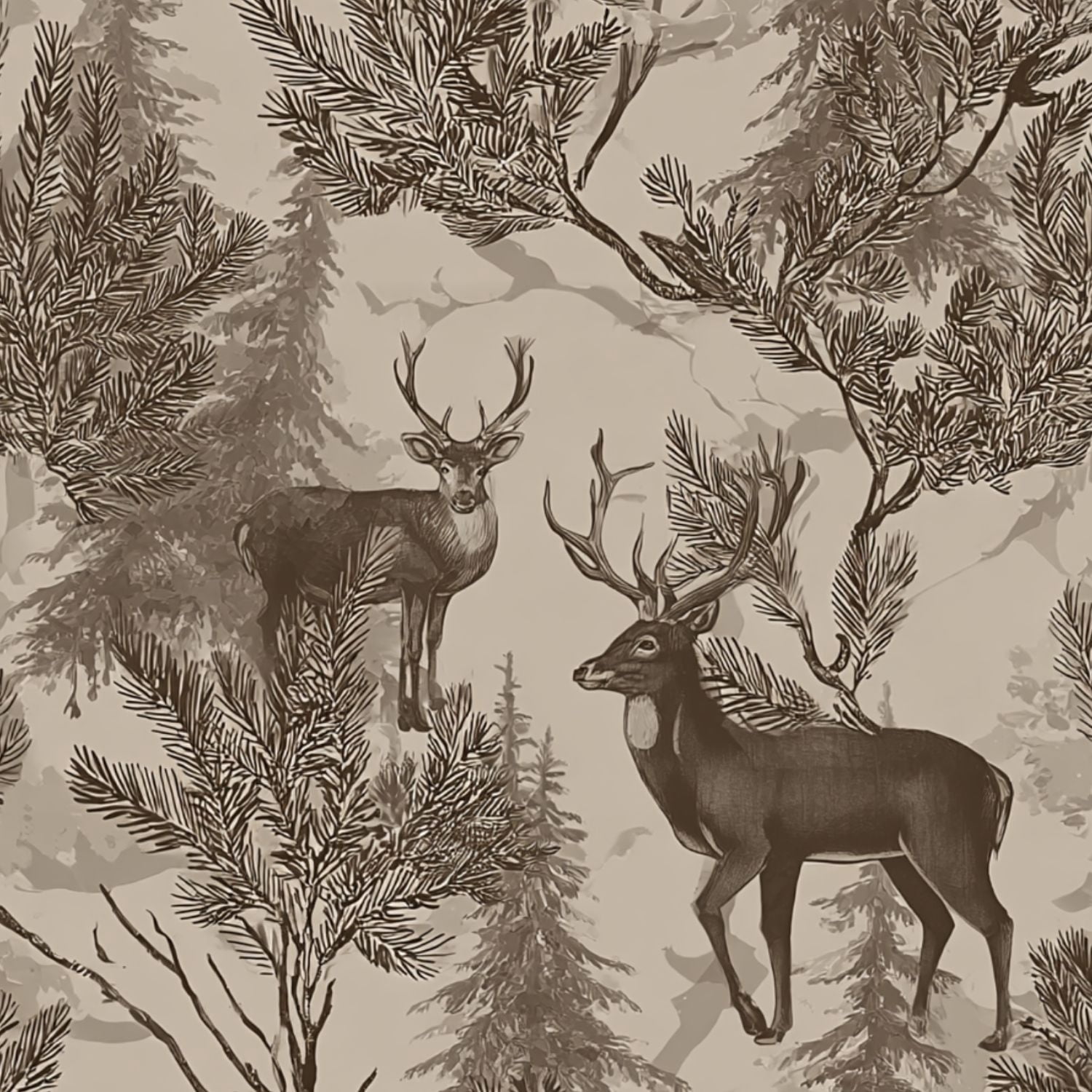 Peel and Stick Wallpaper Deer Woodland Forest Sepia Tones Pine Branches Wall Mural 23.6in x 9.8ft Self Adhesive Removable Wall Paper Renter Friendly Wallpaper for Nursery Bedroom Cabinets
