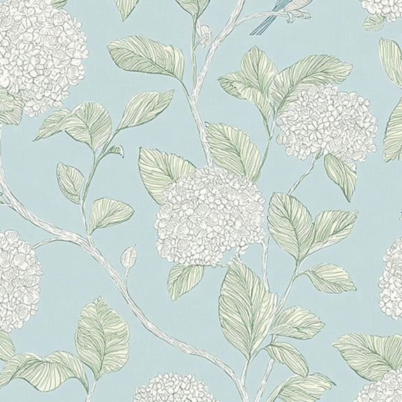 Peel and Stick Wallpaper Delicate Floral Hydrangeas Blue Birds Soft Blue Wall Mural 17.7in x 9.8ft Self Adhesive Removable Wall Paper Renter Friendly Wallpaper for Nursery Bedroom Cabinets