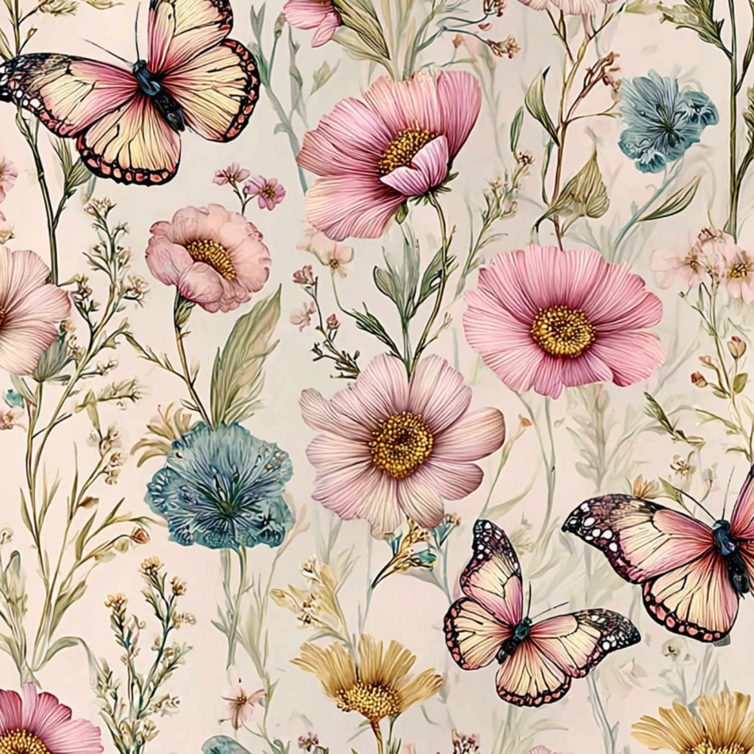 Peel and Stick Wallpaper Delicate Pink Blue Floral Butterflies Botanical Spring Wall Mural 17.7in x 9.8ft Self Adhesive Removable Wall Paper Renter Friendly Wallpaper for Nursery Bedroom Cabinets